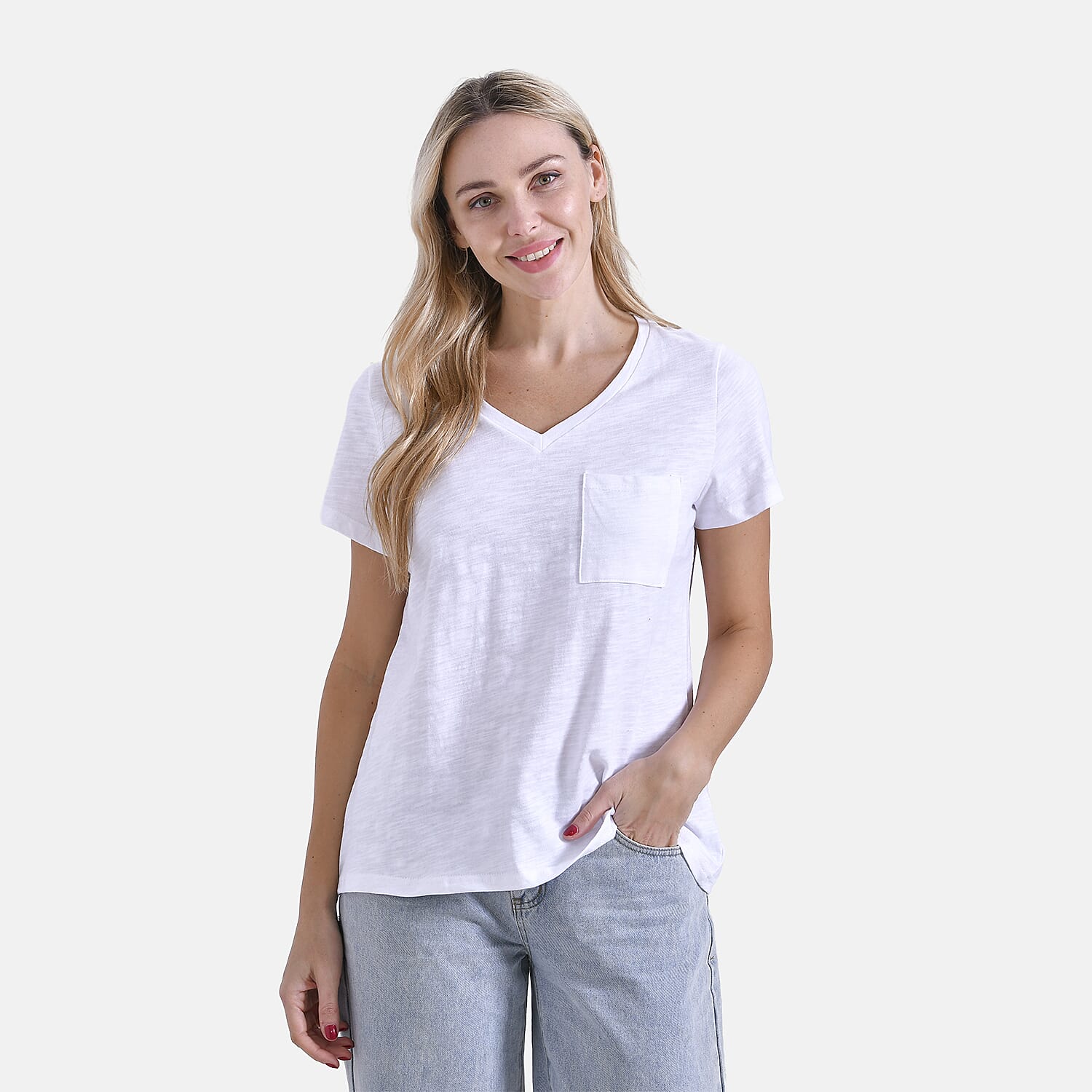 La Marey 100% Cotton V-Neck Short Sleeve Casual Top (Size S) -  Orange