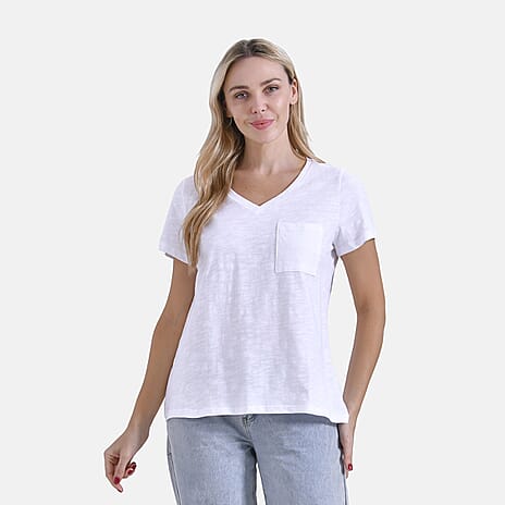 La Marey 100% Cotton V-Neck Casual Top (Size 12 to 14) - White