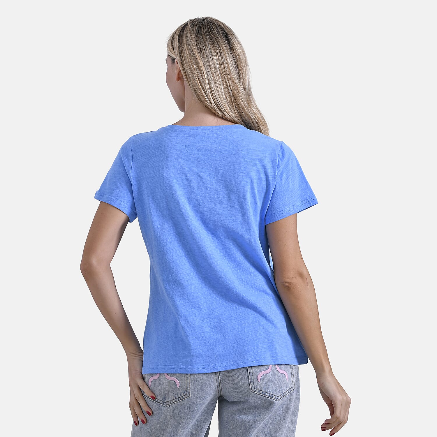 La Marey 100% Cotton V-Neck Short Sleeve Casual Top (Size S) -  Orange