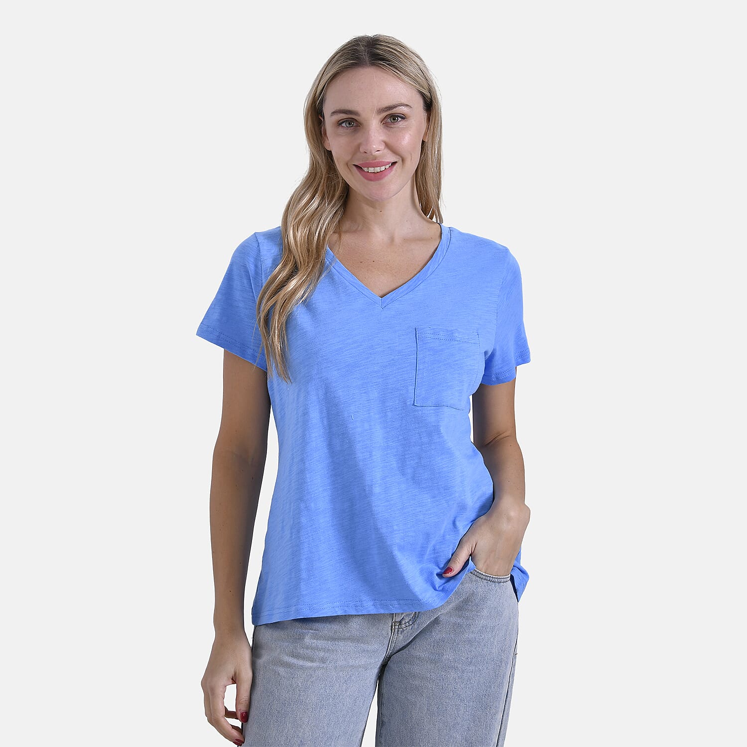 La Marey 100% Cotton V-Neck Short Sleeve Casual Top (Size S) -  Orange