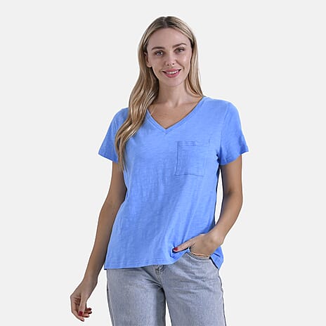 La Marey 100% Cotton V-Neck Casual Top (Size 20 to 22) - Blue