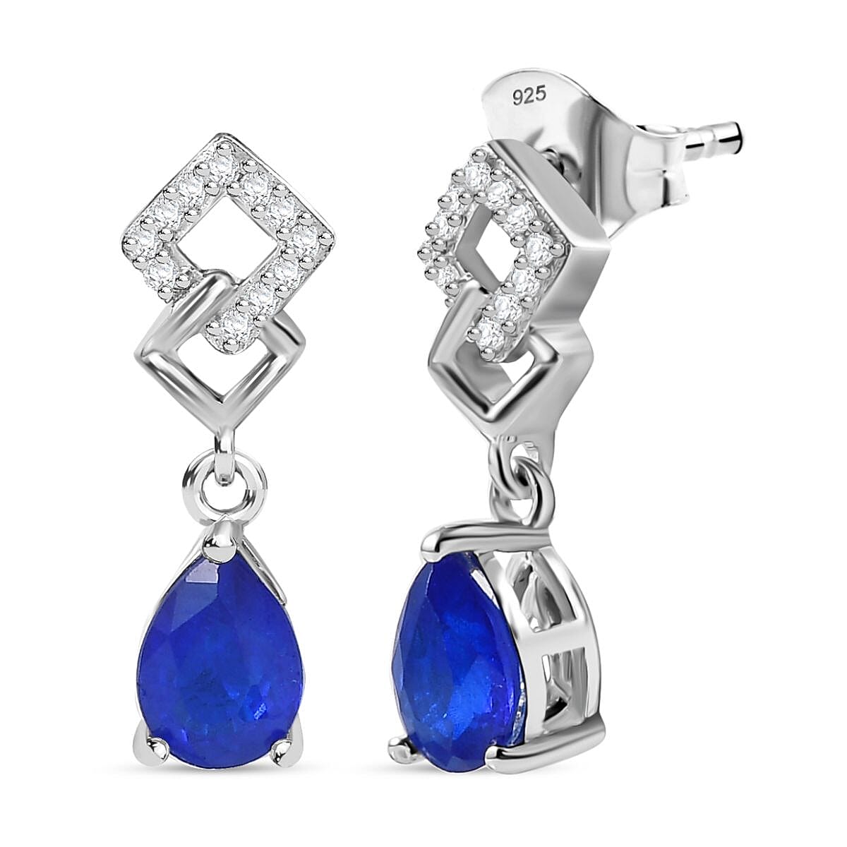 Premium Vietnamese Cobalt Blue Spinel & White Zircon Dangling Earring With Push Back in Rhodium Overlay Sterling Silver 1.58 Ct.