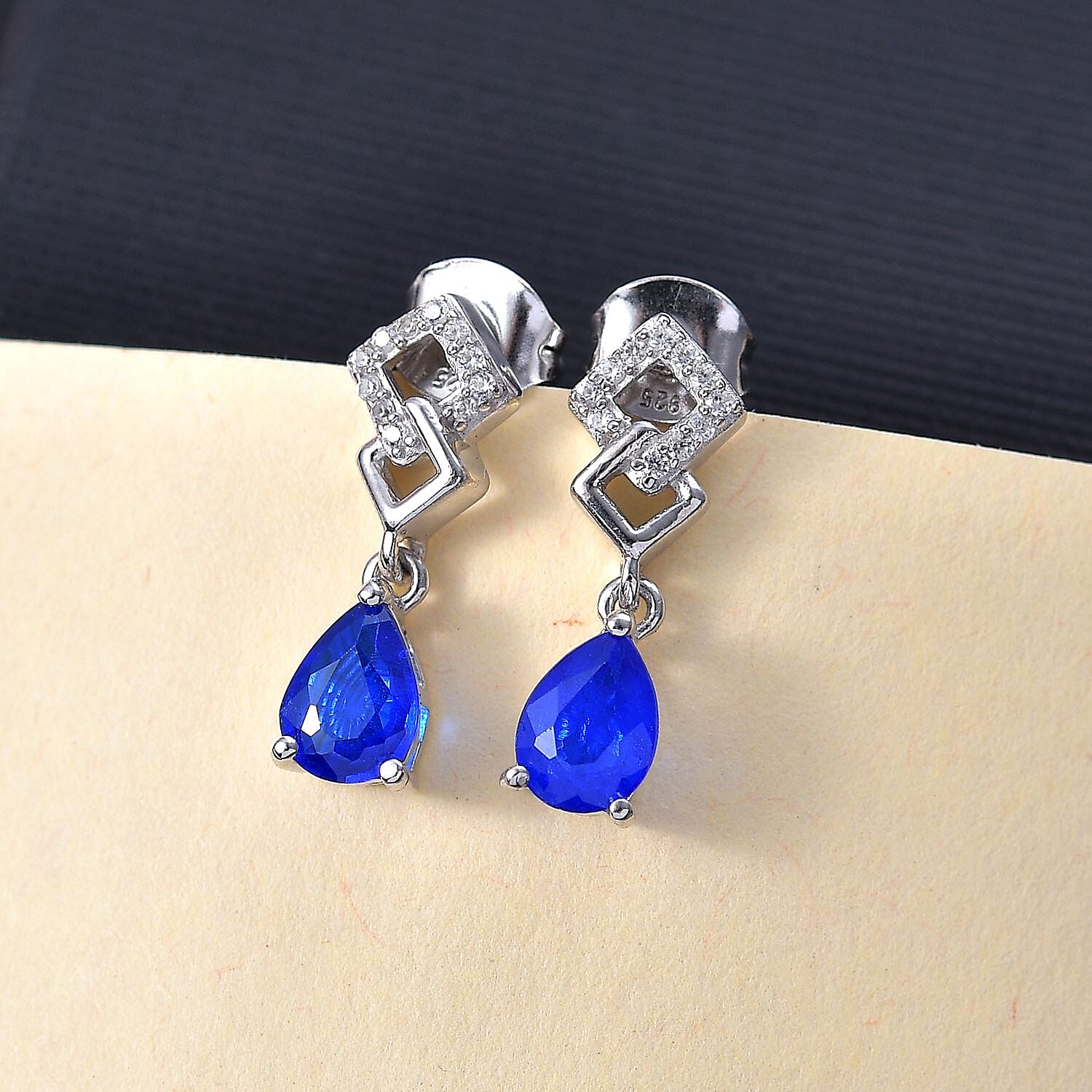 Premium Vietnamese Cobalt Blue Spinel & White Zircon Dangling Earring With Push Back in Rhodium Overlay Sterling Silver 1.58 Ct.