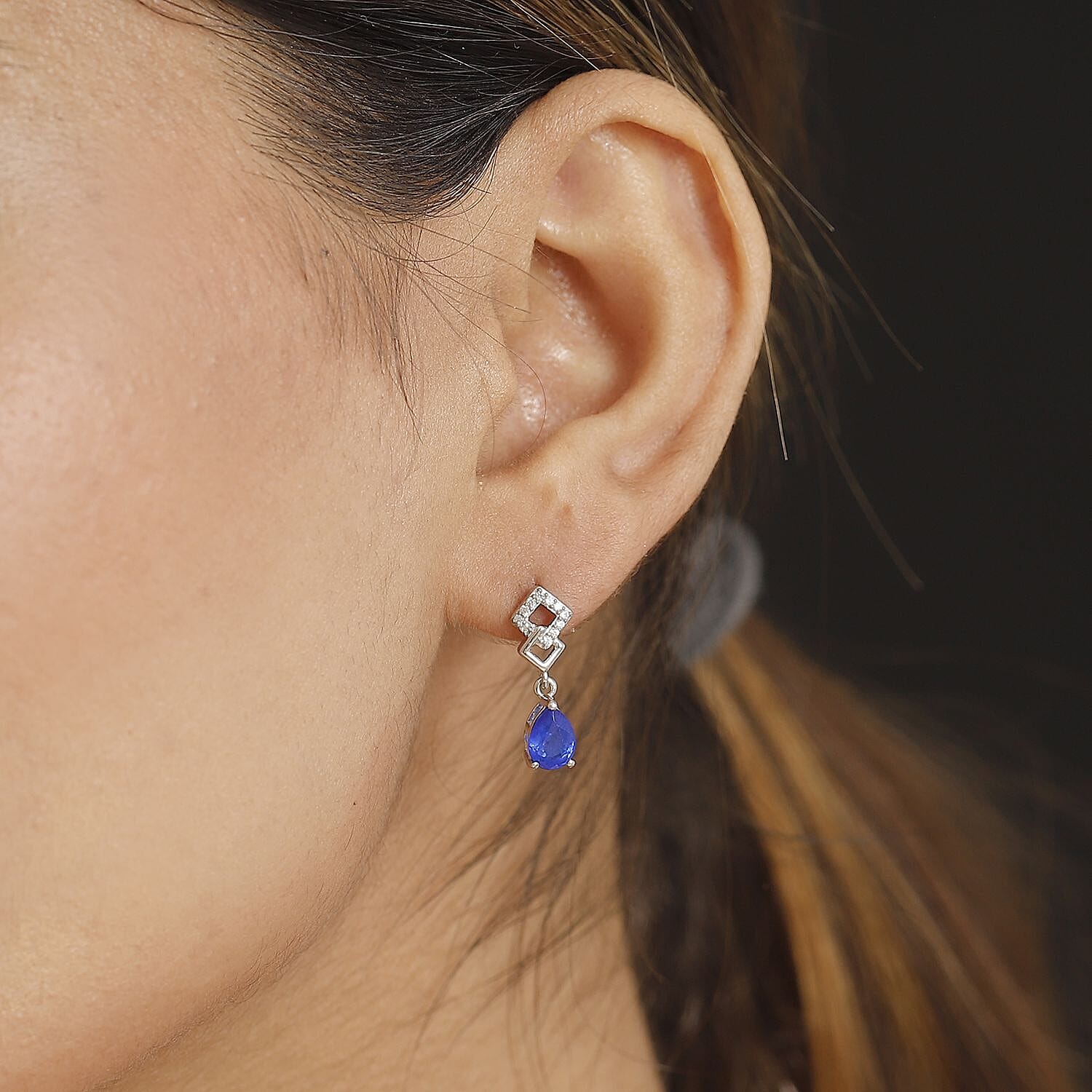 Premium Vietnamese Cobalt Blue Spinel & White Zircon Dangling Earring With Push Back in Rhodium Overlay Sterling Silver 1.58 Ct.
