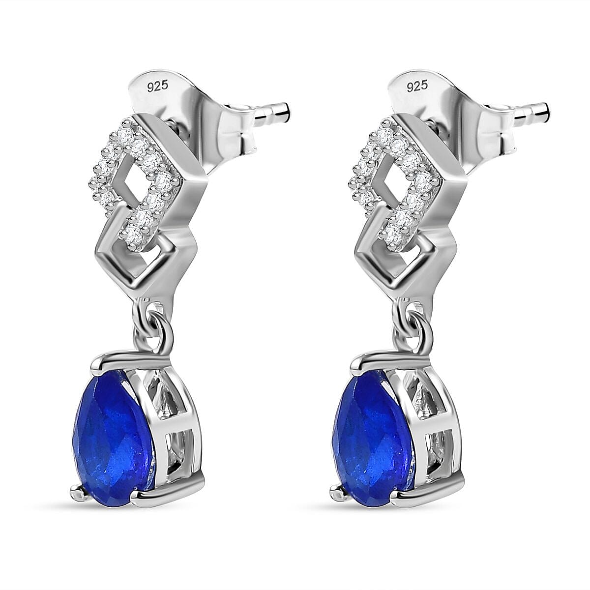 Premium Vietnamese Cobalt Blue Spinel & White Zircon Dangling Earring With Push Back in Rhodium Overlay Sterling Silver 1.58 Ct.
