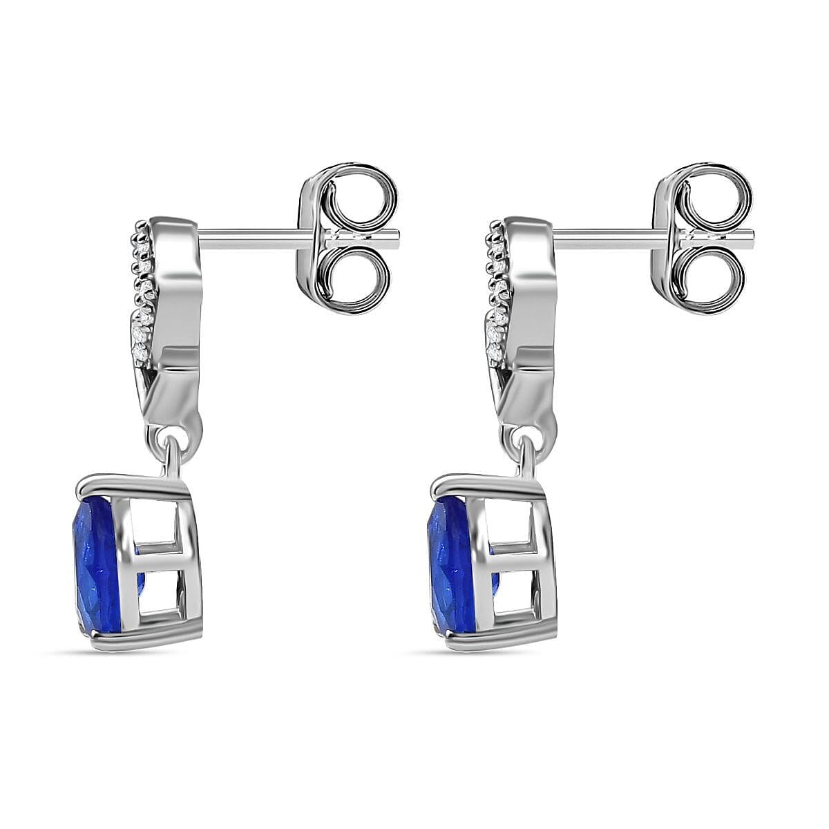 Premium Vietnamese Cobalt Blue Spinel & White Zircon Dangling Earring With Push Back in Rhodium Overlay Sterling Silver 1.58 Ct.
