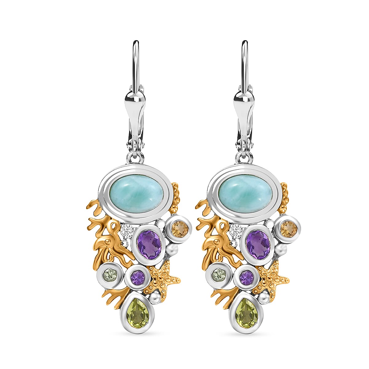 Natural Teal Green Larimar & Multi Gemstones Solitaire Dangle Earrings with Lever Back in 18K Vermeil Yellow Gold Plated & Rhodium OverlaySterling Silver 3.44 Ct.