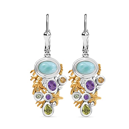 Natural Green Larimar, Multi Gemstones Solitaire Stud Push Post Earring with Lever Back in 18K Vermeil Yellow Gold & Rhodium OverlaySterling Silver 3.44 Ct.