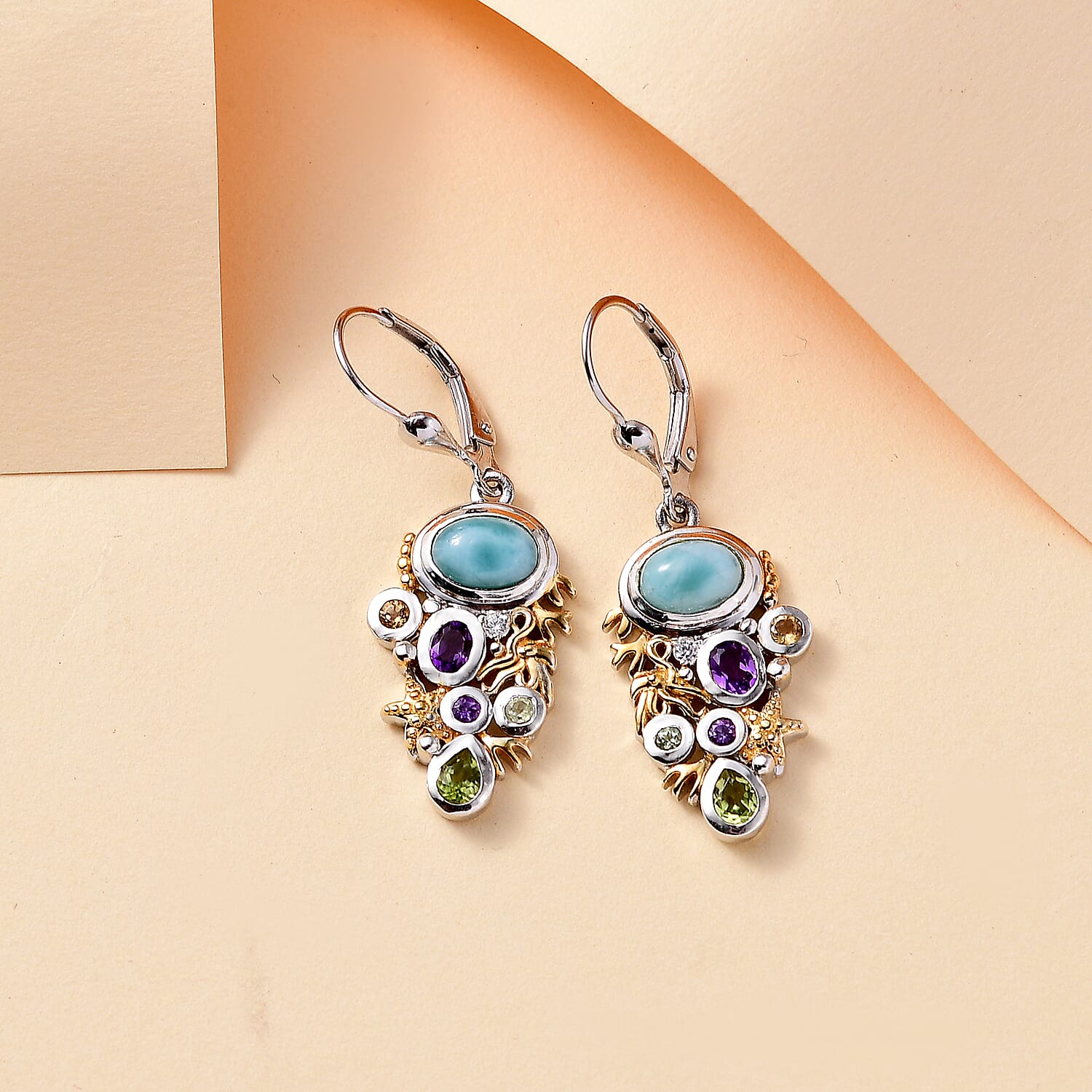 Natural Teal Green Larimar & Multi Gemstones Solitaire Dangle Earrings with Lever Back in 18K Vermeil Yellow Gold Plated & Rhodium OverlaySterling Silver 3.44 Ct.