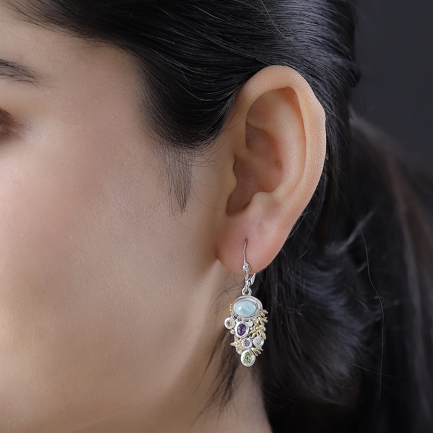 Natural Teal Green Larimar & Multi Gemstones Solitaire Dangle Earrings with Lever Back in 18K Vermeil Yellow Gold Plated & Rhodium OverlaySterling Silver 3.44 Ct.