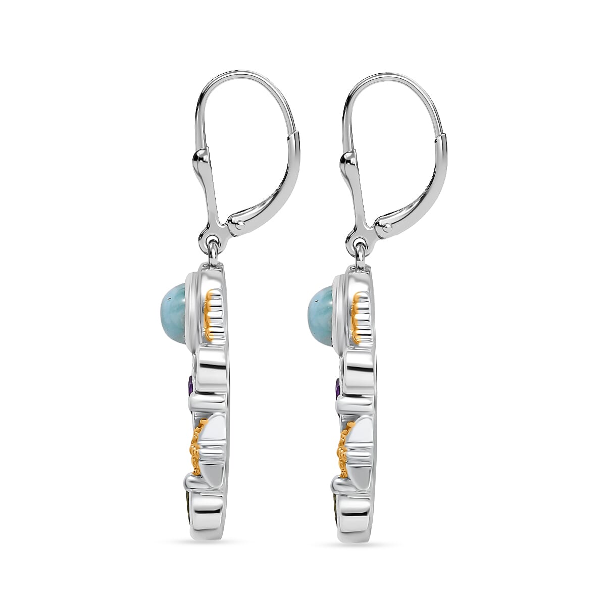 Natural Teal Green Larimar & Multi Gemstones Solitaire Dangle Earrings with Lever Back in 18K Vermeil Yellow Gold Plated & Rhodium OverlaySterling Silver 3.44 Ct.