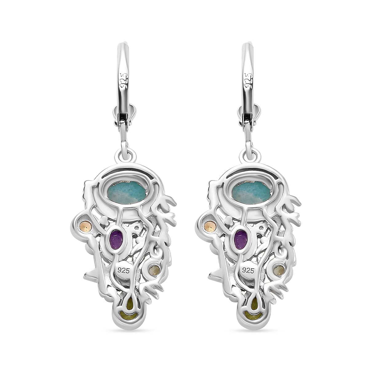 Natural Teal Green Larimar & Multi Gemstones Solitaire Dangle Earrings with Lever Back in 18K Vermeil Yellow Gold Plated & Rhodium OverlaySterling Silver 3.44 Ct.