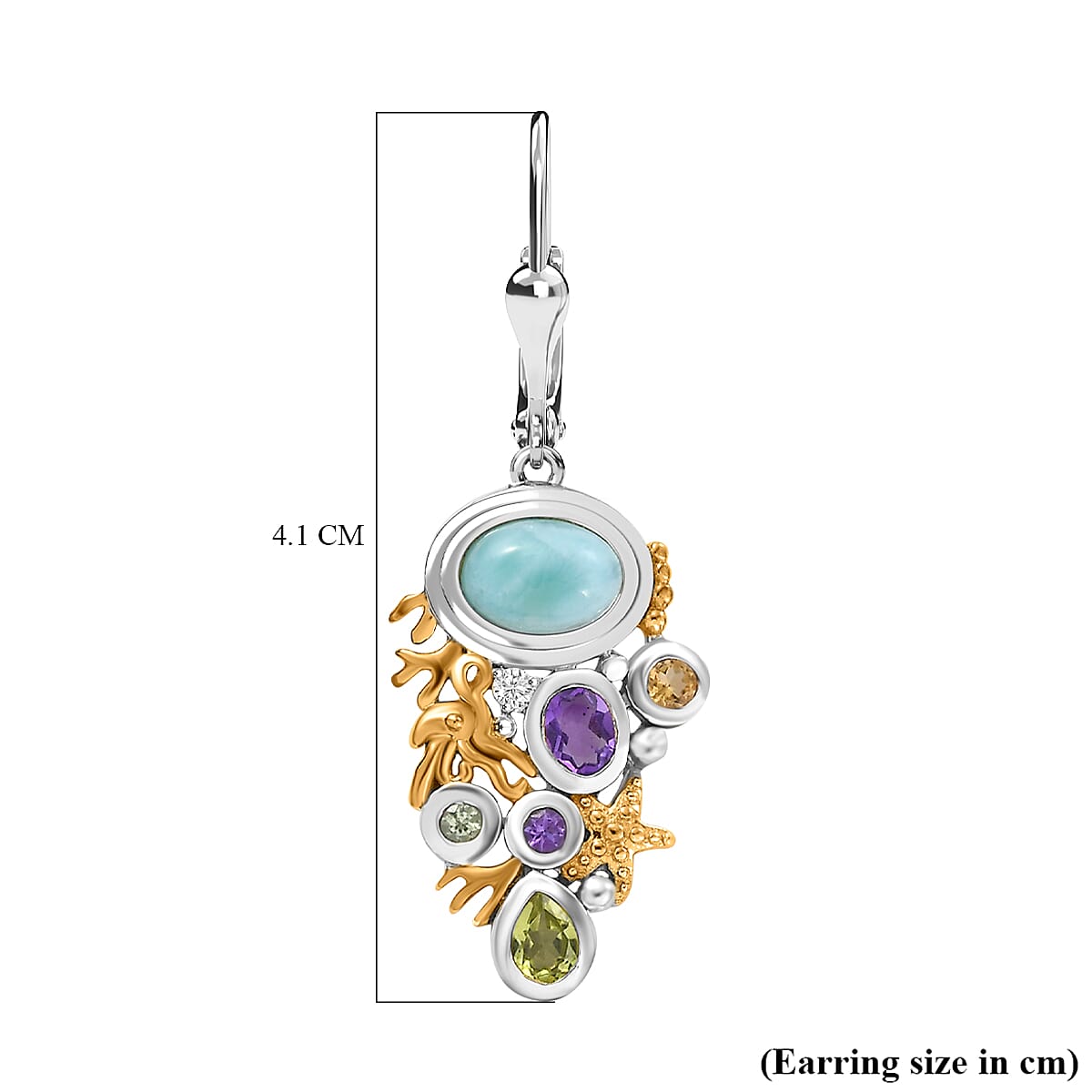 Natural Teal Green Larimar & Multi Gemstones Solitaire Dangle Earrings with Lever Back in 18K Vermeil Yellow Gold Plated & Rhodium OverlaySterling Silver 3.44 Ct.