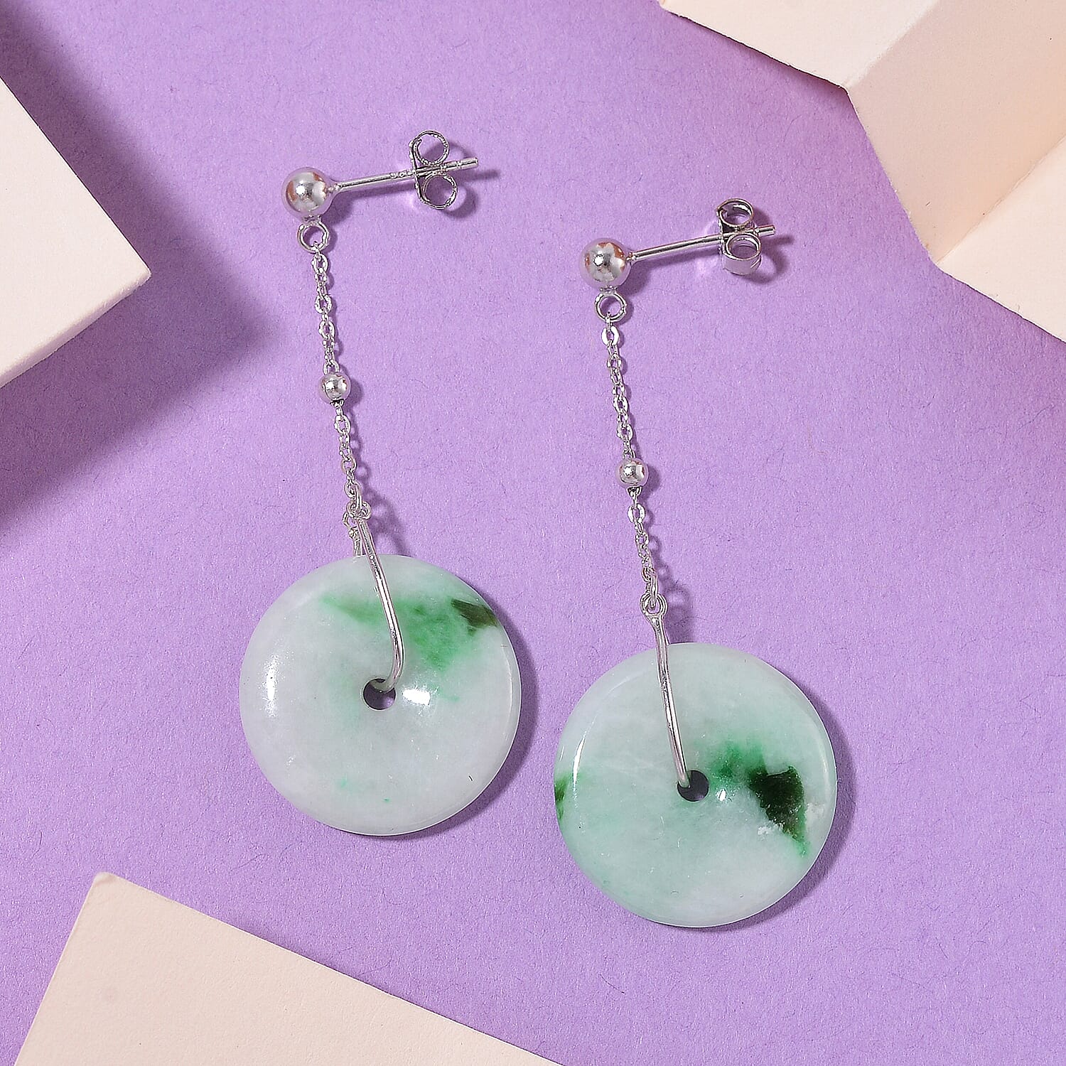 Natural Type A Bi Colour Burmese Jadeite Jade Buckle Earrings With Push Back in Rhodium Overlay Sterling Silver 35.80 Ct.