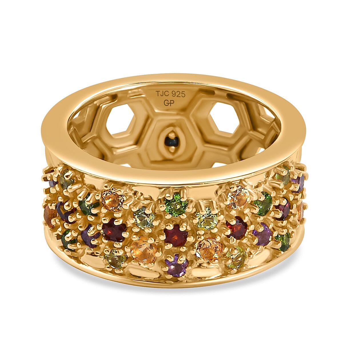 GP Honeycomb Collection - African Amethyst, Multi Gemstones Cluster Ring in 18K Vermeil Yellow Gold Plated Sterling Silver 1.12 Ct, Silver Wt. 7.86 Gms.