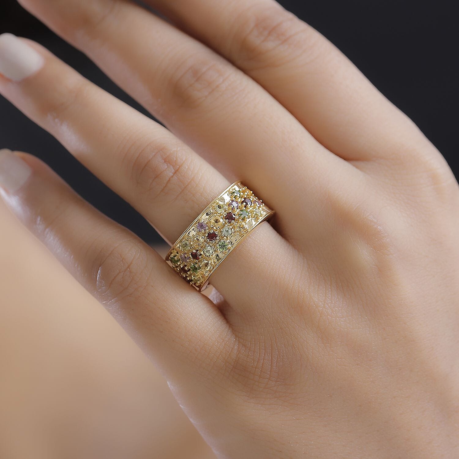 GP Honeycomb Collection - African Amethyst, Multi Gemstones Cluster Ring in 18K Vermeil Yellow Gold Plated Sterling Silver 1.12 Ct, Silver Wt. 7.86 Gms.