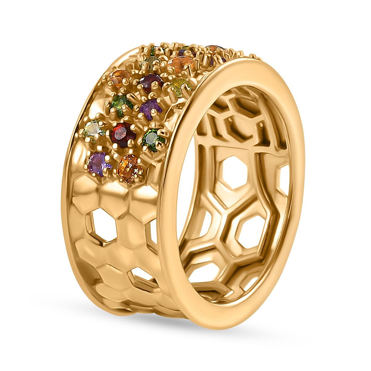 GP Honeycomb Collection - African Amethyst, Multi Gemstones Cluster Ring in 18K Vermeil Yellow Gold Plated Sterling Silver 1.12 Ct, Silver Wt. 7.86 Gms.