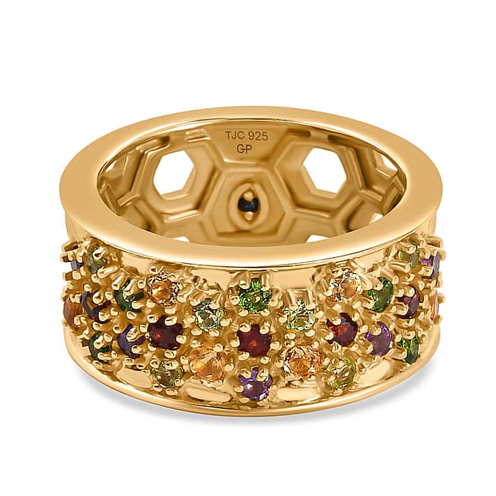 GP Honeycomb Collection - African Amethyst, Multi Gemstones Cluster Ring in 18K Vermeil Yellow Gold Plated Sterling Silver 1.12 Ct.