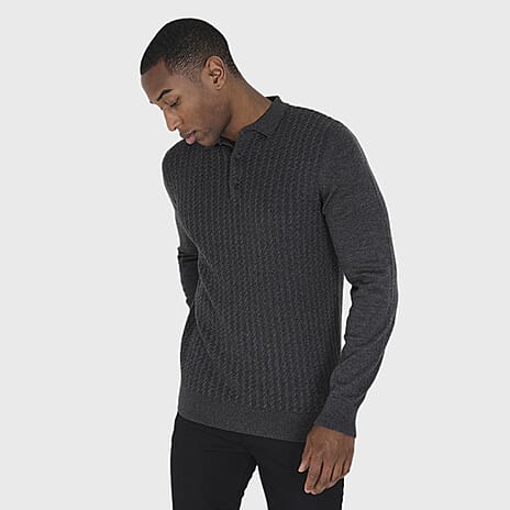 Mens Long sleeved Knitted Collar Jumper - Charcoal Marl