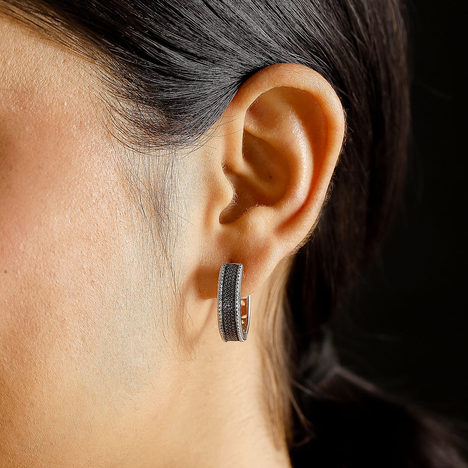 Black Diamond Hoop Earring in Platinum Overlay