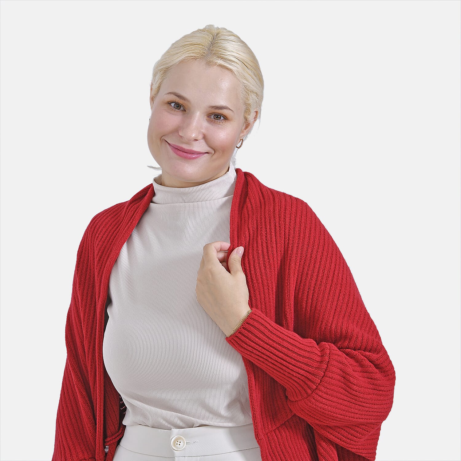 Tamsy Acrylic Patterned Cardigan (Size 133x1 cm) - Red - Black Tamsy Acrylic Patterned Cardigan (Size 133x1 cm) - Red - Black