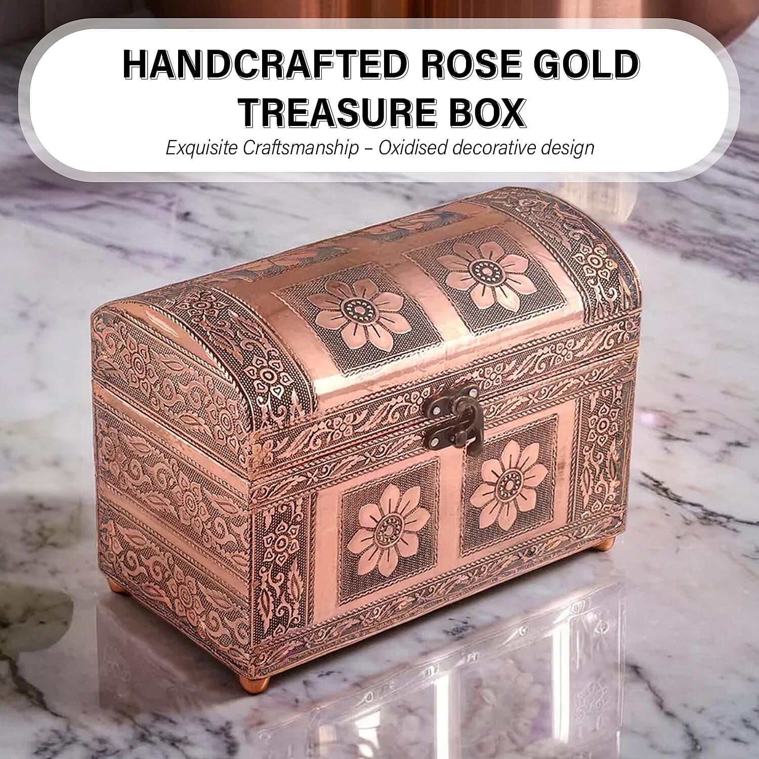 Elegant Handcrafted Treasure Box with Secure Clasp & Protective Interior (Size 20x11x14 cm) - Rose Gold