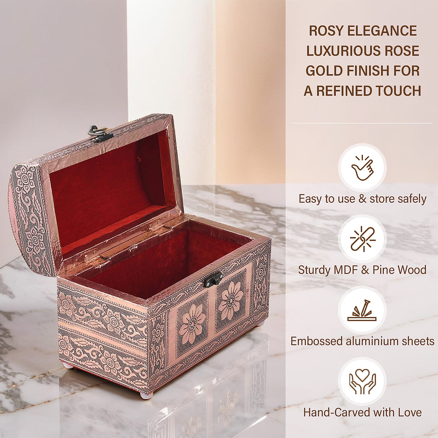 Elegant Handcrafted Treasure Box with Secure Clasp & Protective Interior (Size 20x11x14 cm) - Rose Gold