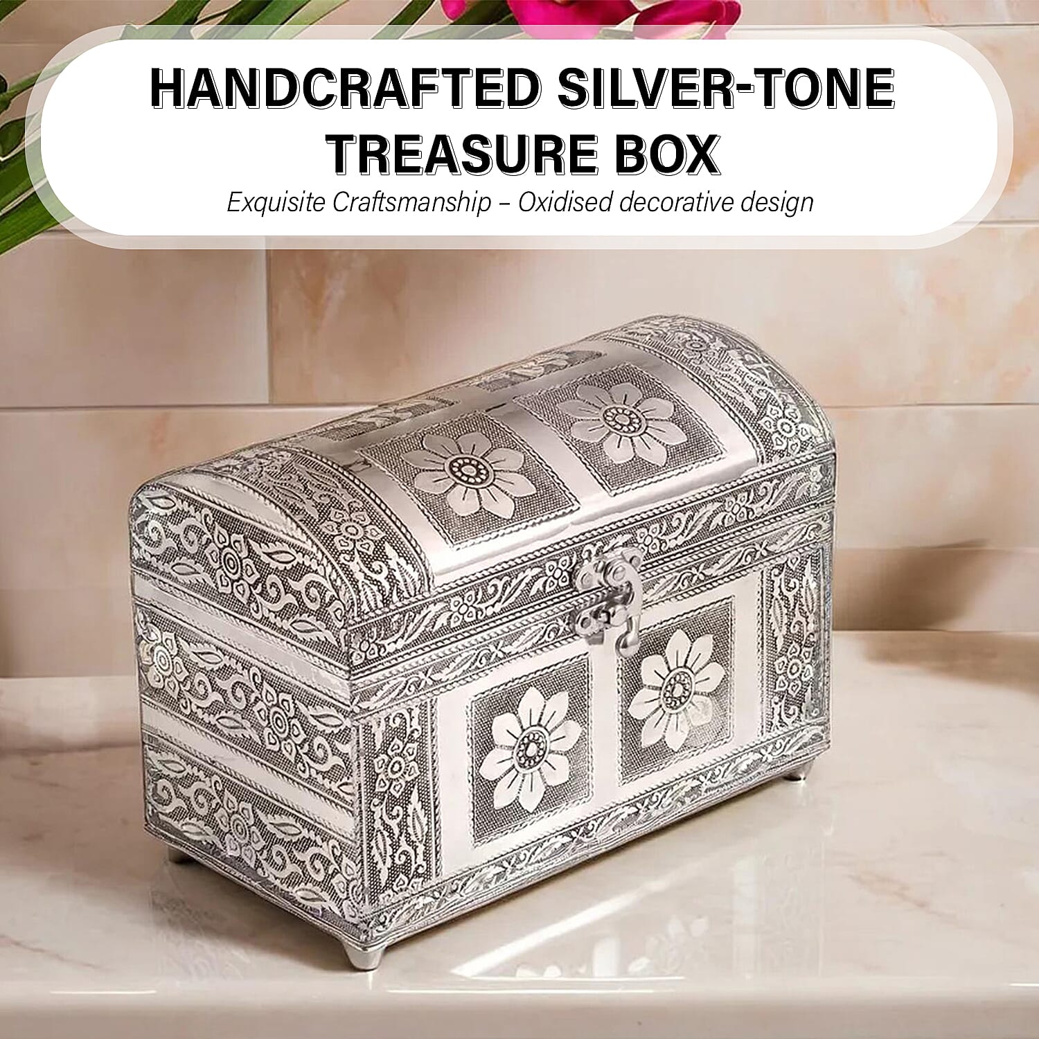 Elegant Handcrafted Treasure Box with Secure Clasp & Protective Interior (Size 20x11x14 cm) - Silver