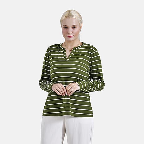 - Maisi Wrinkle Free Full Sleeve Stripe Jersey Top (Size L) - Green and White