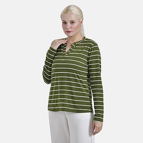 - Maisi Wrinkle Free Full Sleeve Stripe Jersey Top (Size L) - Green and White