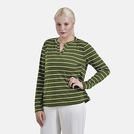 - Maisi Wrinkle Free Full Sleeve Stripe Jersey Top (Size L) - Green and White