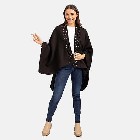 Mudflower Pearl Trim Wrap Poncho (One Size) - Black