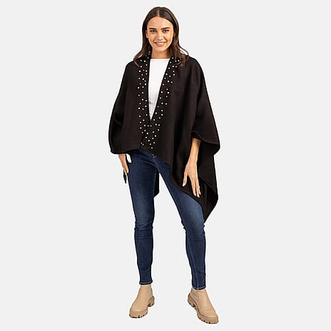 Mudflower Pearl Trim Wrap Poncho (One Size) - Black