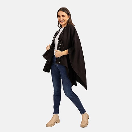 Mudflower Pearl Trim Wrap Poncho (One Size) - Black