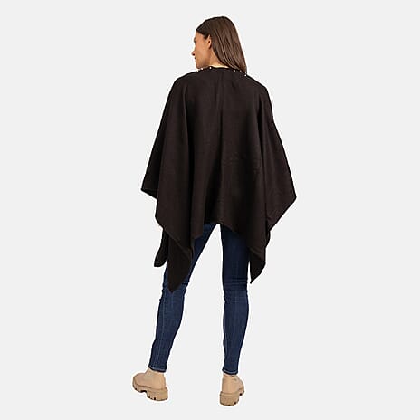Mudflower Pearl Trim Wrap Poncho (One Size) - Black