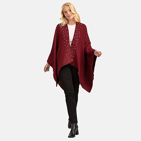 Acrylic Knitted Poncho - Burgandy