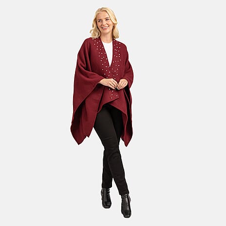 Acrylic Knitted Poncho - Burgandy