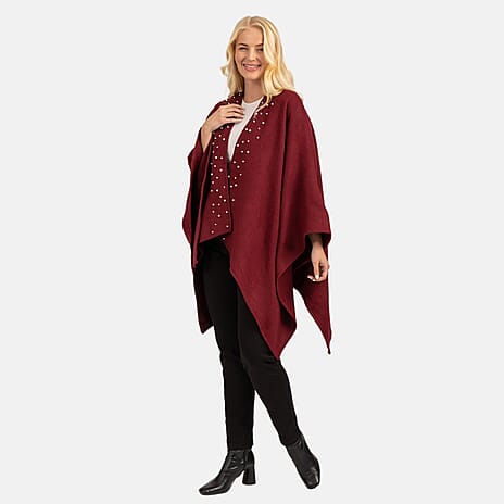 Acrylic Knitted Poncho - Burgandy