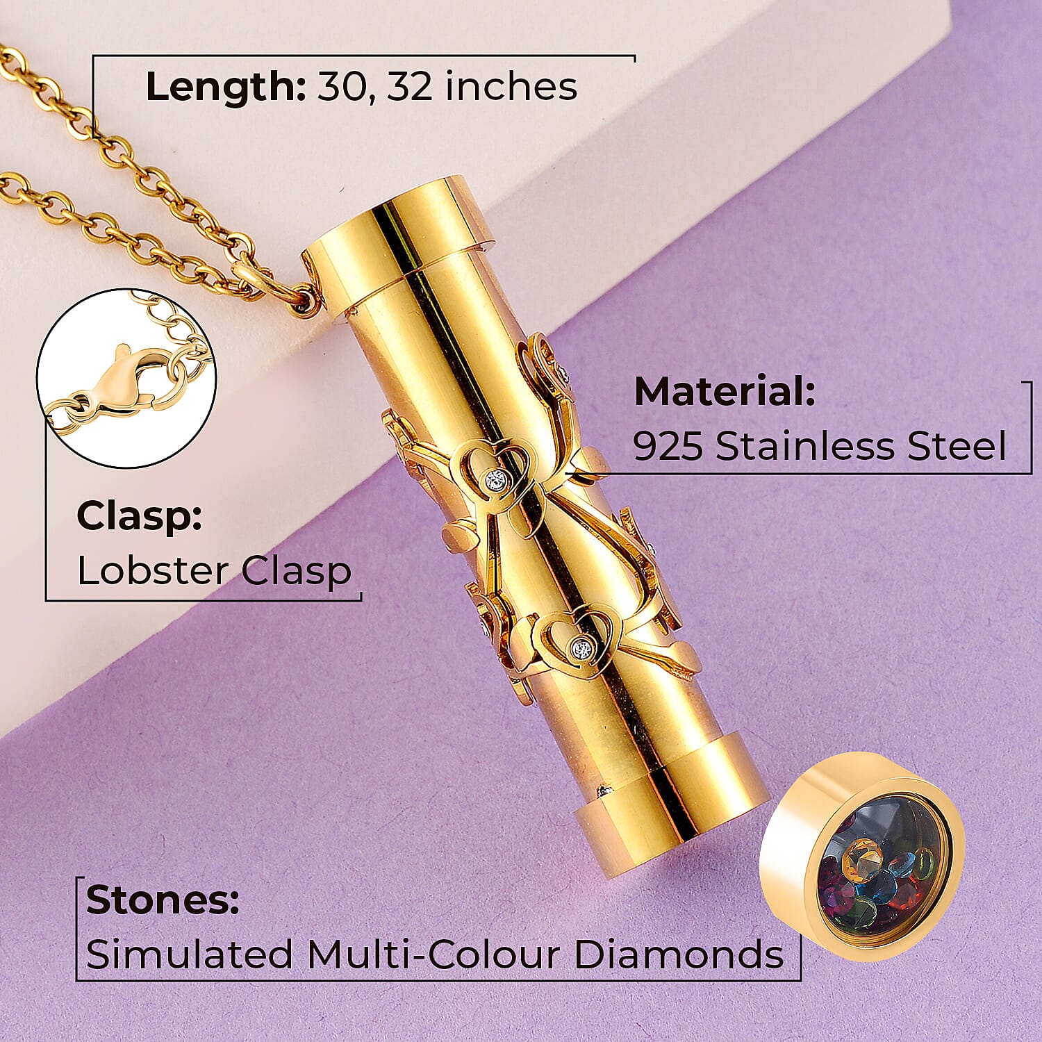 Multi Colour Cubic Zirconia Necklace (Size - 30-2 Ext.) with Lobster Clasp in Yellow Tone