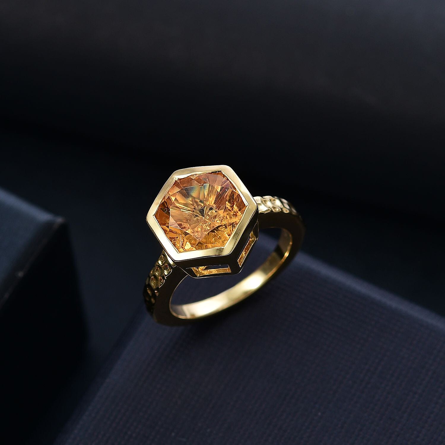 GP Honeycomb Collection - Serra Gaucha Citrine, Blue Sapphire & White Zircon Solitaire Ring in 18K Vermeil Yellow Gold Plated Sterling Silver 4.52 Ct.