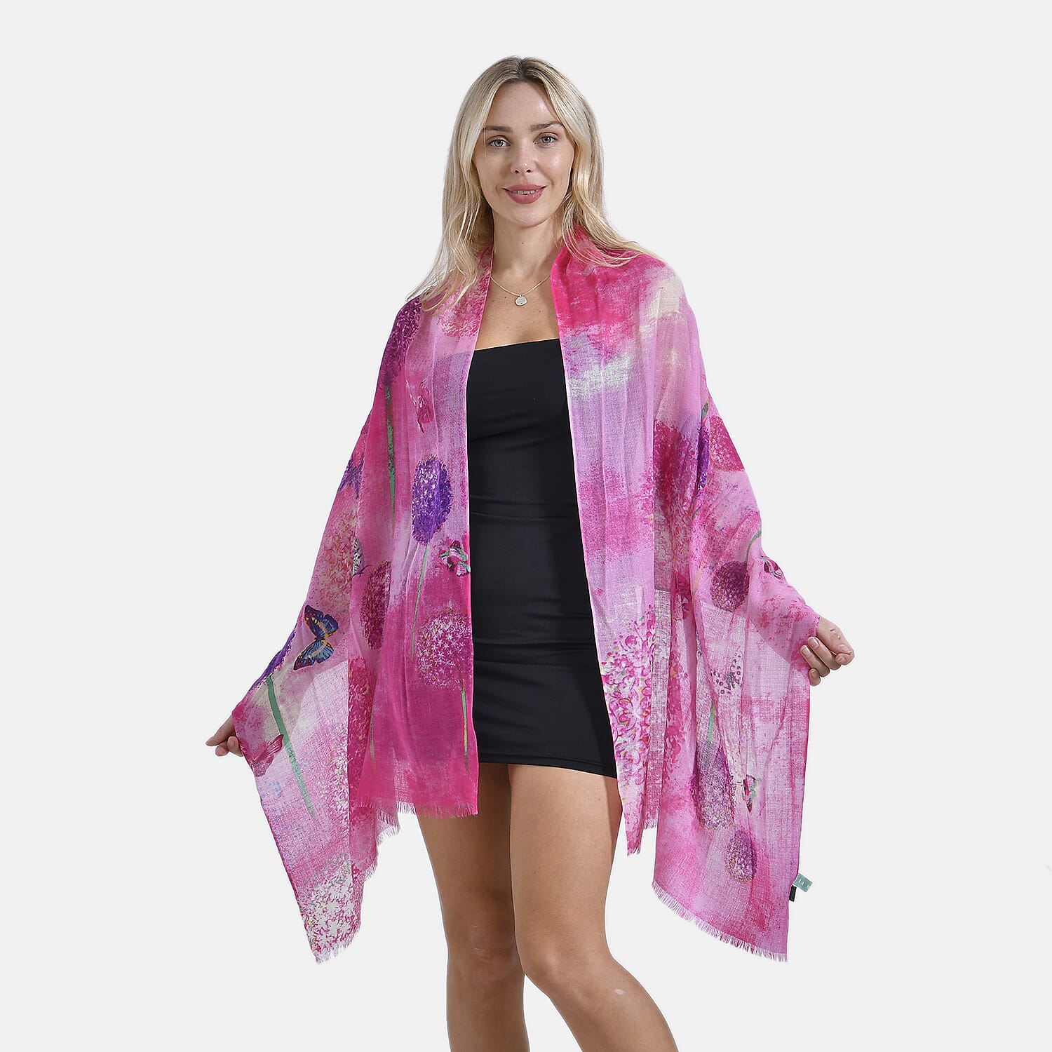 Mothers Day Gift Idea - La Marey 100% Merino Wool Flower and Butterfly Printed Scarf (Size 180x65 cm) - Pink
