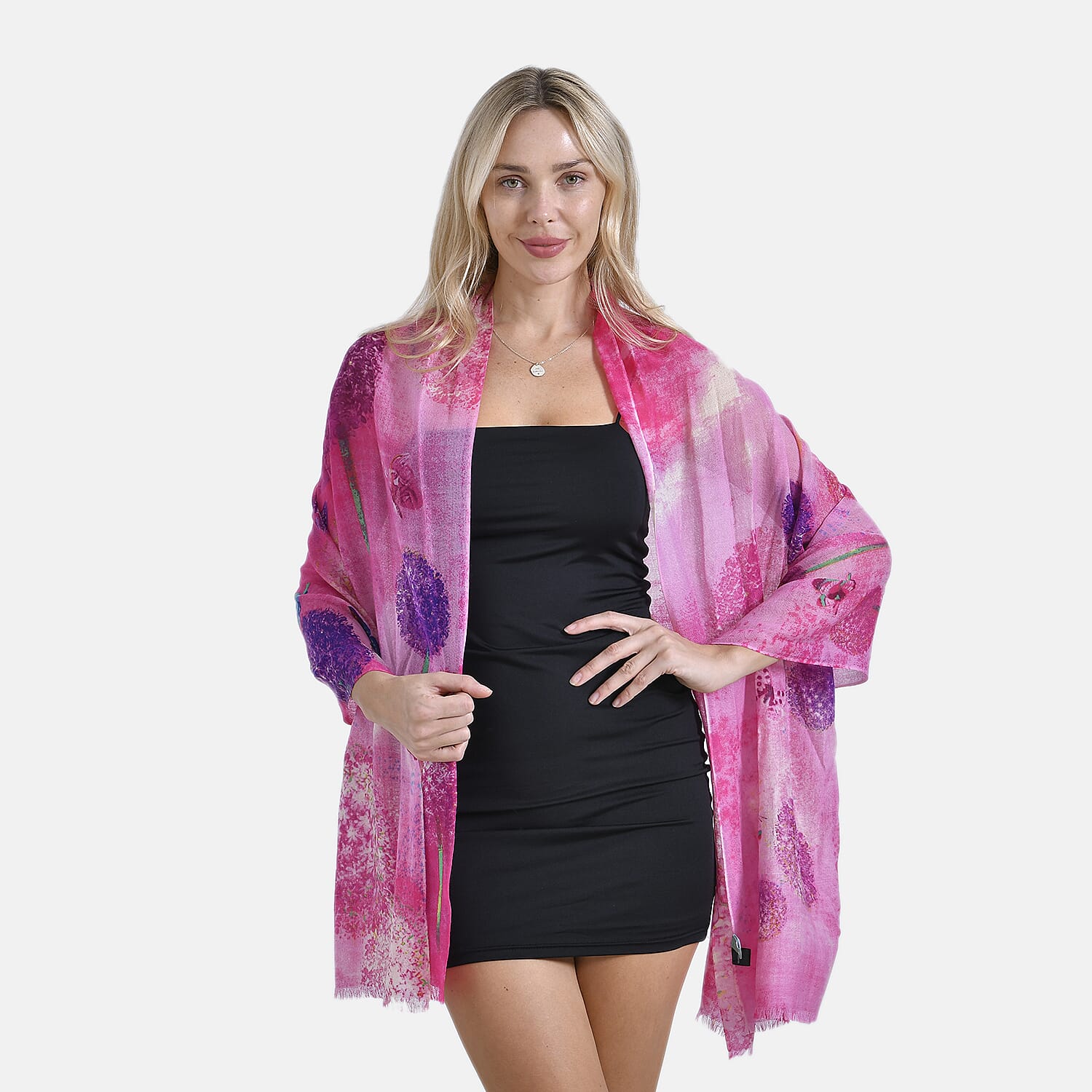 Mothers Day Gift Idea - La Marey 100% Merino Wool Flower and Butterfly Printed Scarf (Size 180x65 cm) - Pink
