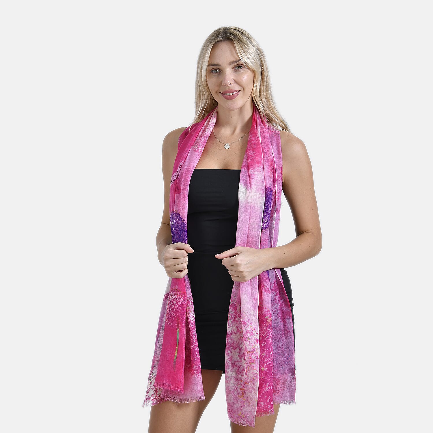Mothers Day Gift Idea - La Marey 100% Merino Wool Flower and Butterfly Printed Scarf (Size 180x65 cm) - Pink
