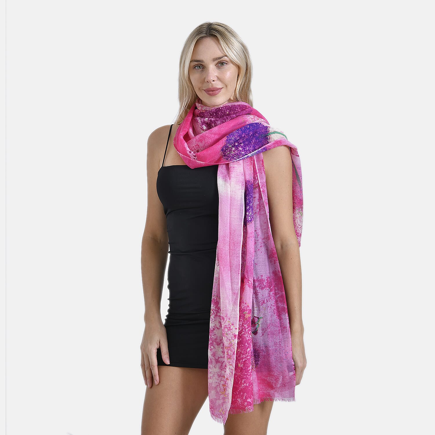 Mothers Day Gift Idea - La Marey 100% Merino Wool Flower and Butterfly Printed Scarf (Size 180x65 cm) - Pink