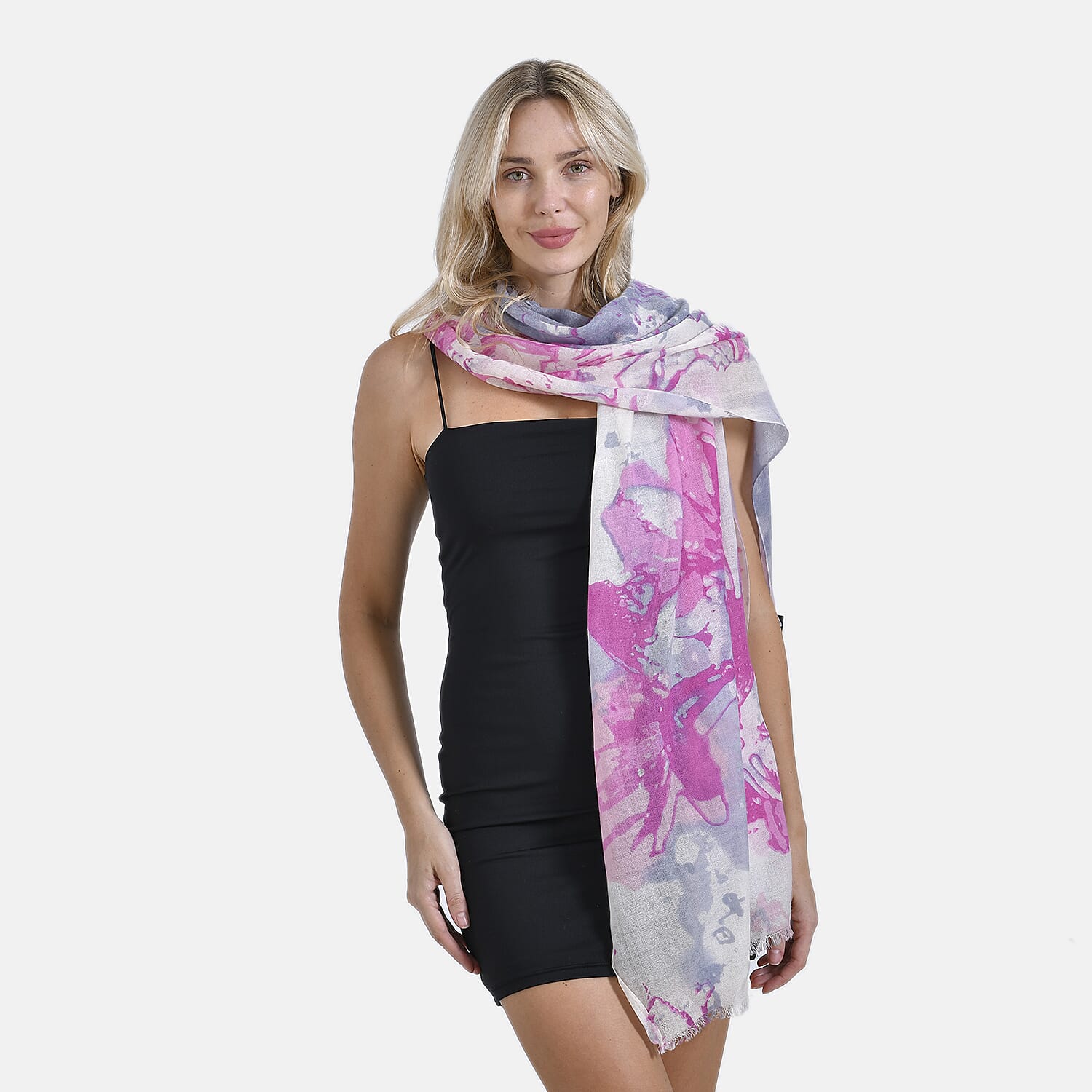Mothers Day Gift Idea - La Marey 100% Merino Wool Abstract Pattern Scarf (Size 200x70 cm) - Beige Base with Pink Print