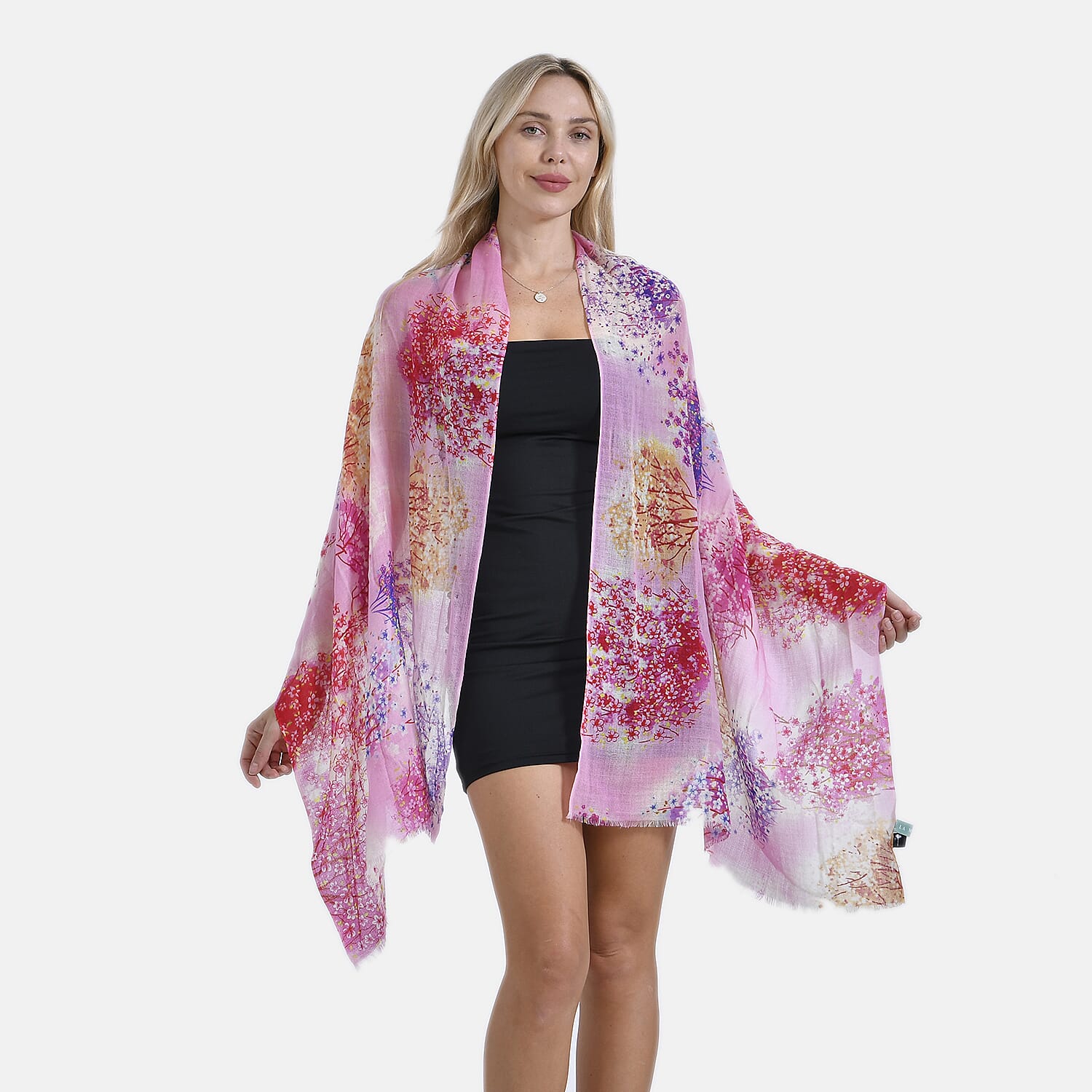 Mothers Day Gift Idea - La Marey 100% Merino Wool Flower Printed Scarf (Size 180x65 cm) - Pink