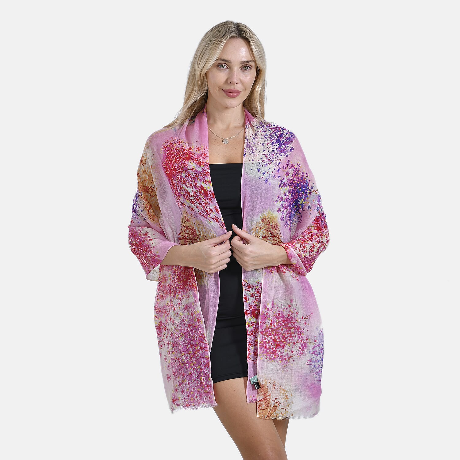 Mothers Day Gift Idea - La Marey 100% Merino Wool Flower Printed Scarf (Size 180x65 cm) - Pink