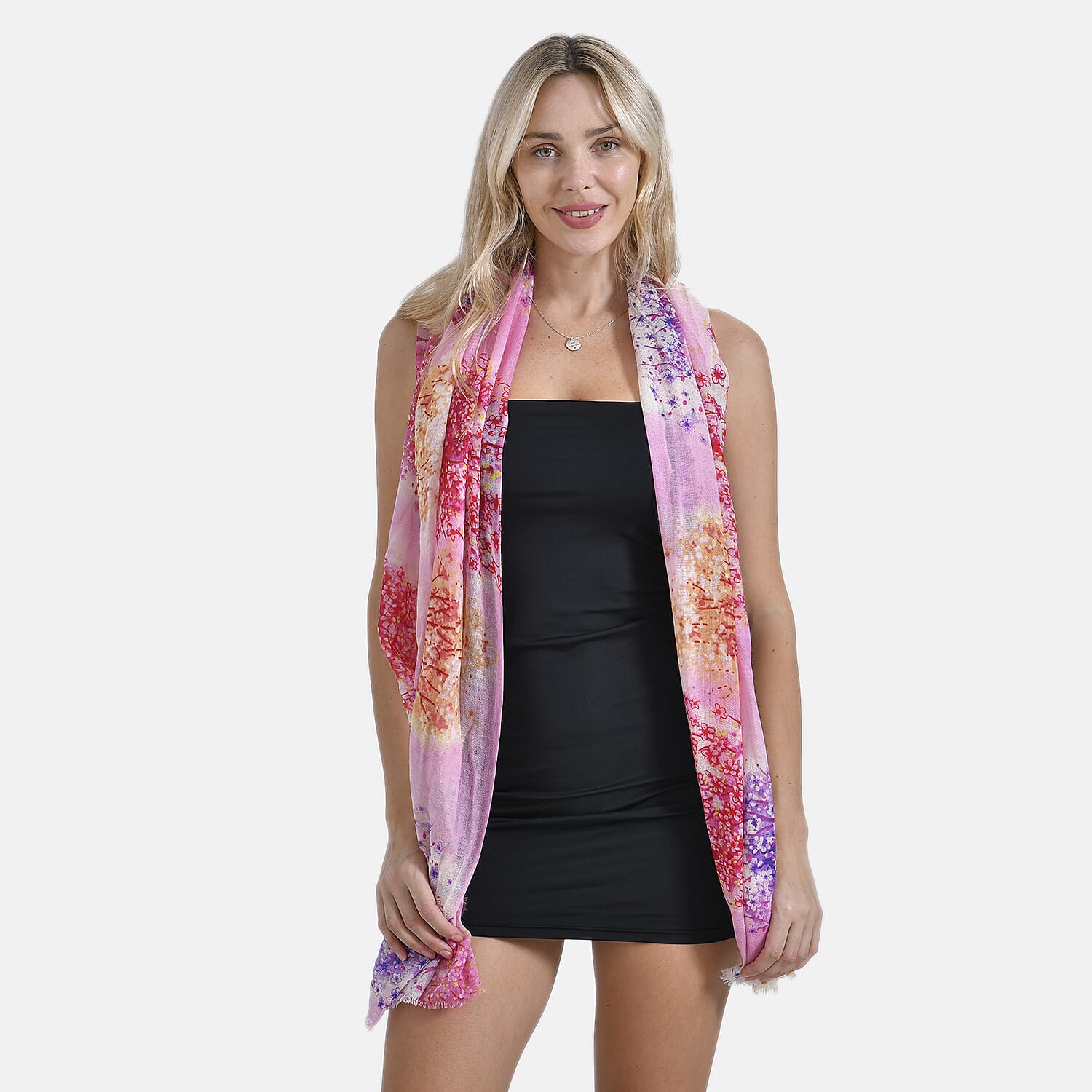 Mothers Day Gift Idea - La Marey 100% Merino Wool Flower Printed Scarf (Size 180x65 cm) - Pink