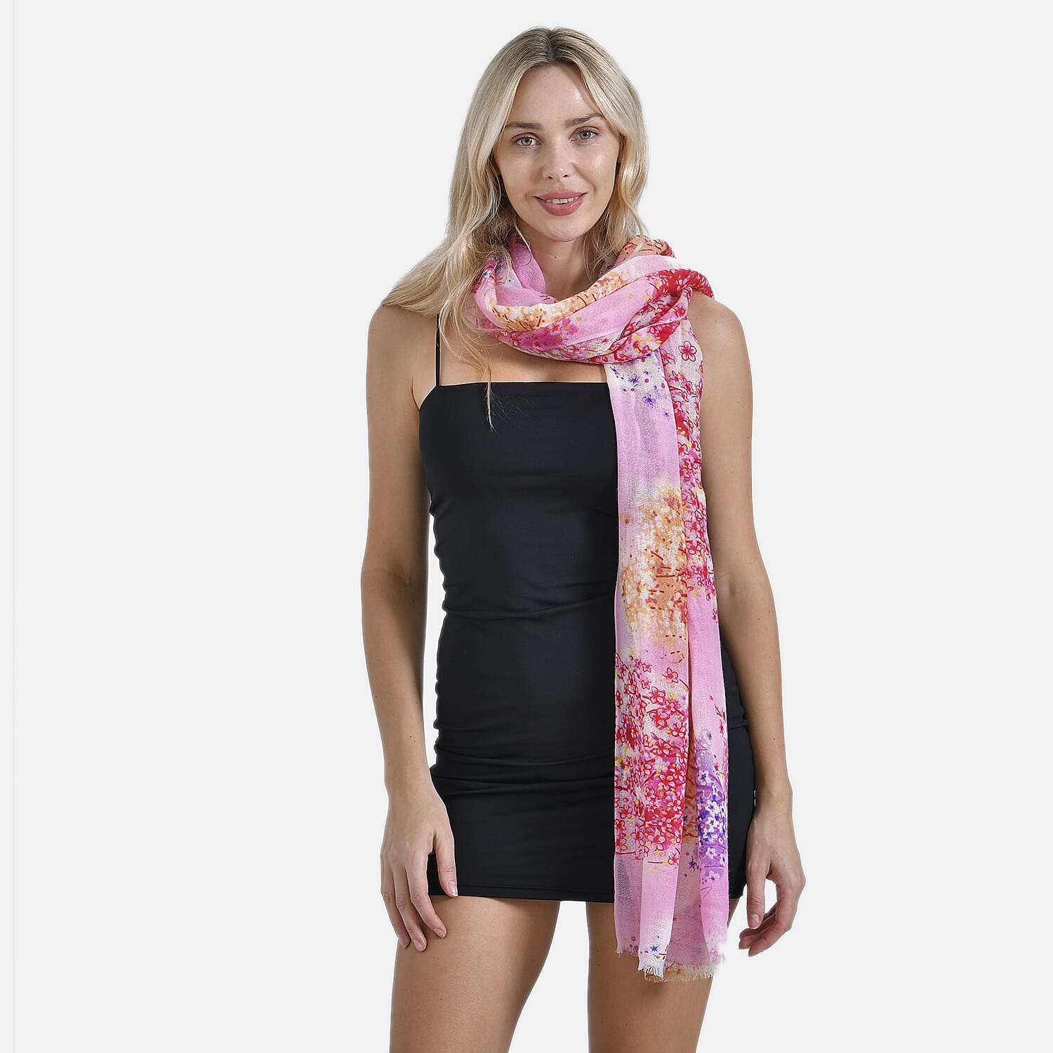 Mothers Day Gift Idea - La Marey 100% Merino Wool Flower Printed Scarf (Size 180x65 cm) - Pink