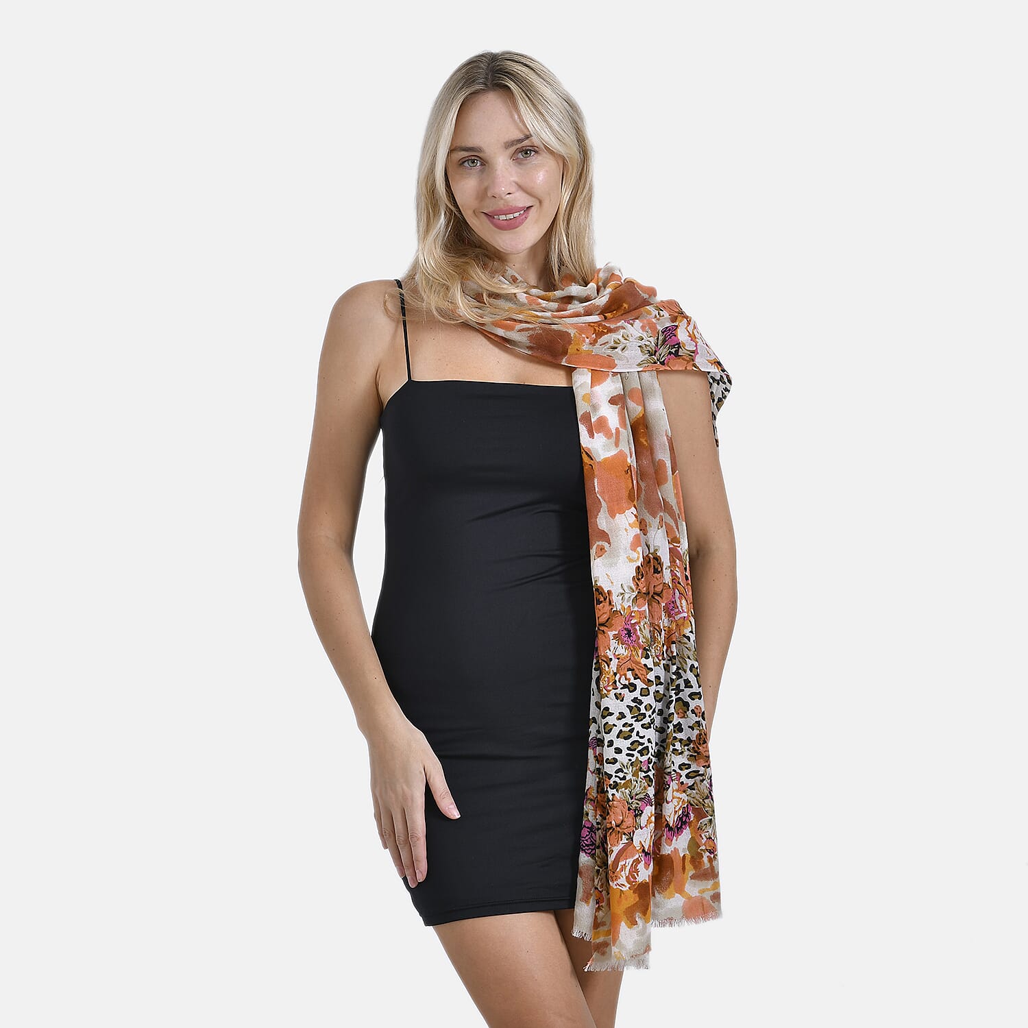 Mothers Day Gift Idea - La Marey 100% Merino Wool Printed Scarf (Size 180x65 cm) - Leopard Print & Floral Pattern
